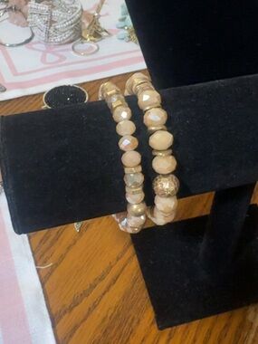 Beige Faceted Bead Stretch Bracelet Set - Unbranded